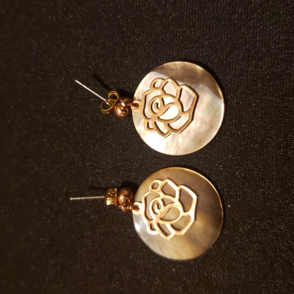 Circular Shell With Gold-Tone Cut-Out Rose Overlay Earrings.